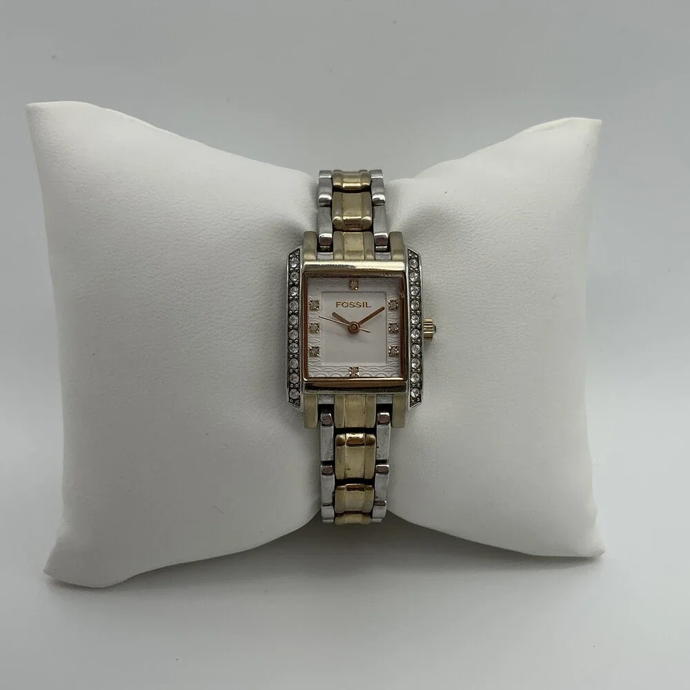 Fossil ES-2123 Womens Watch 20mm Silver Two Tone Crystal New Battery 5.75